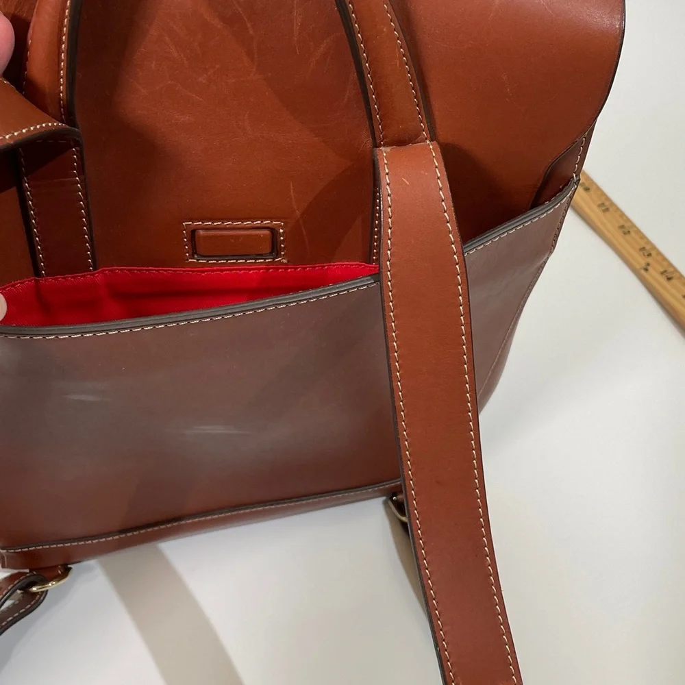 Paul Stuart 100% Leather Backpack Tan Brown Red Lining Gold Hardware